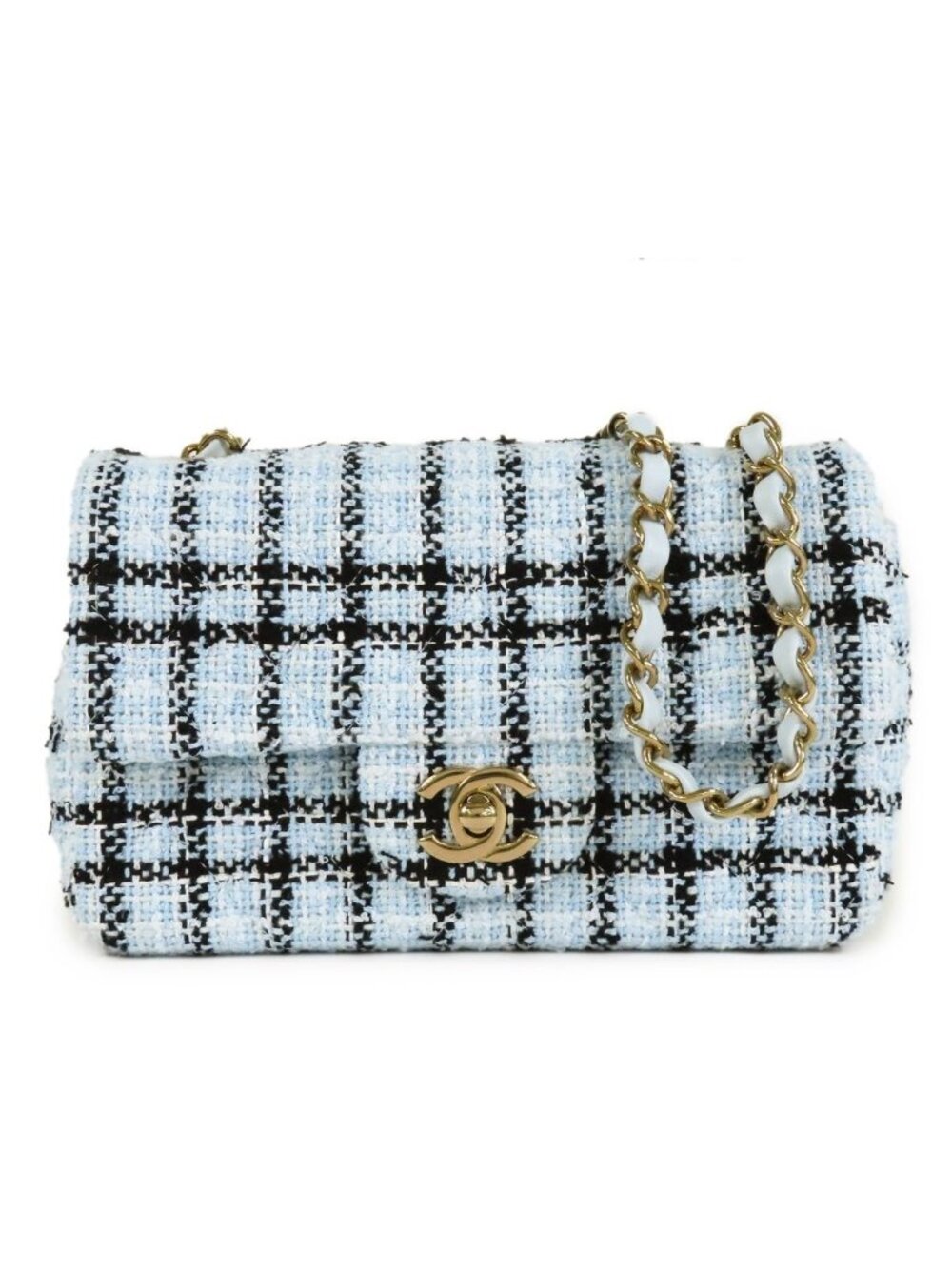 Chanel Mini Quilted Blue Black Gold Tweed Leather Chain Shoulder Bag 20